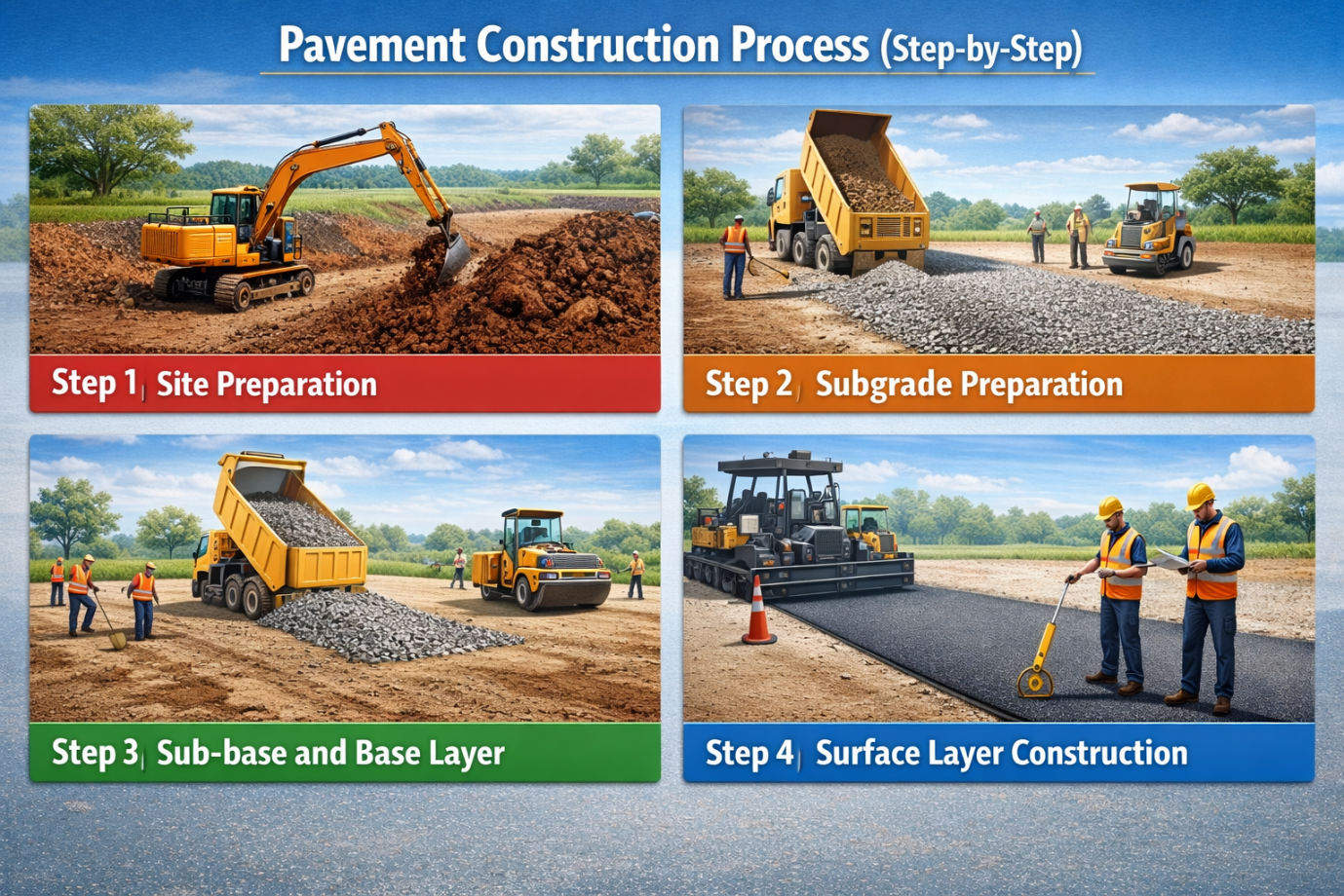 Step-by-step pavement construction process from site preparation to surface layer construction