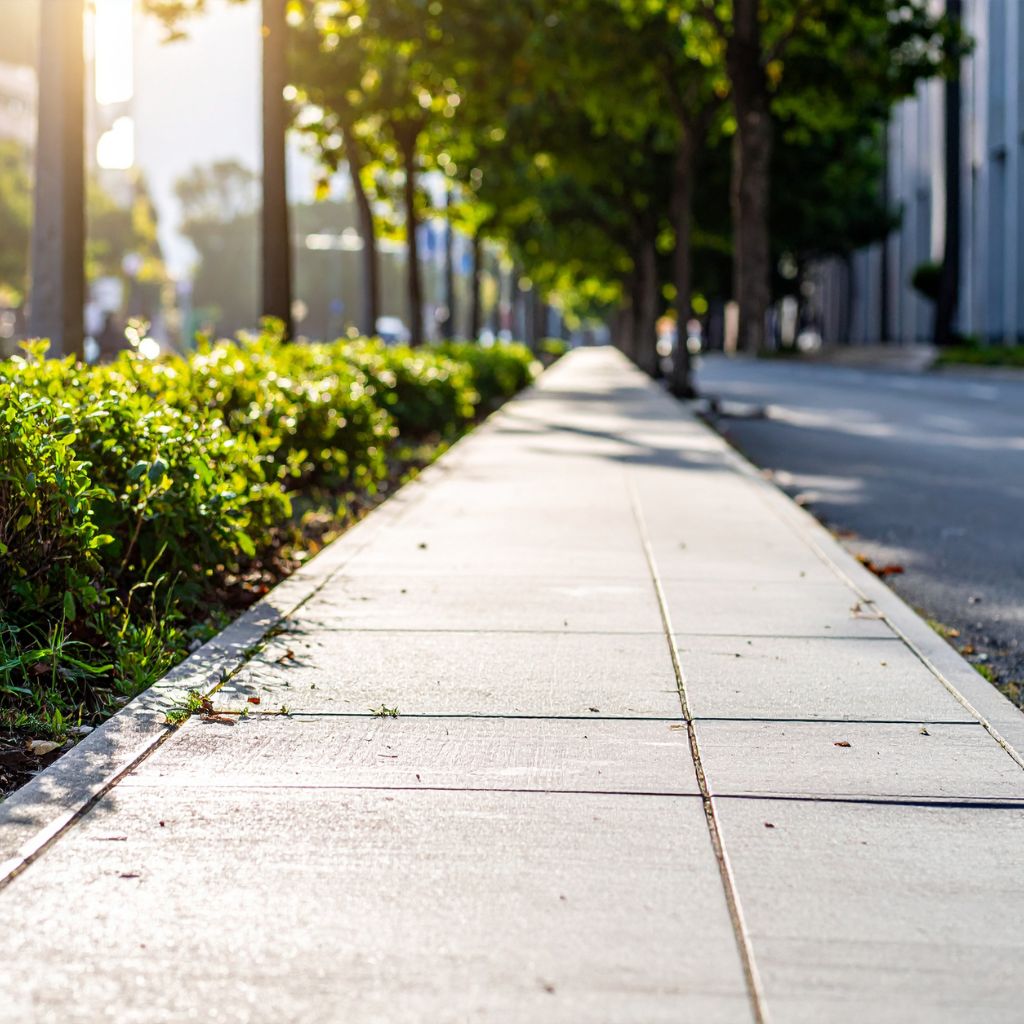 Concrete pedestrian pavement beside a road